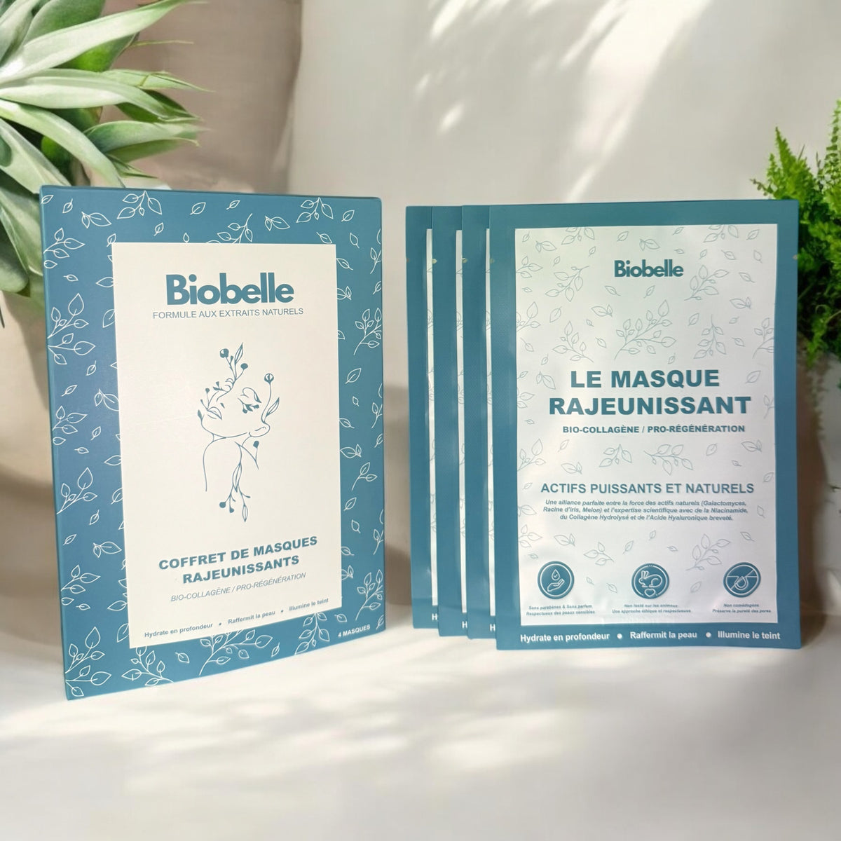 Coffret Biobelle de 4 masques visage en hydrogel, boîte et sachets