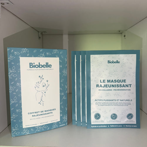 Coffret Biobelle de 4 masques visage en hydrogel, boîte et sachets