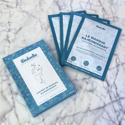 Boîte du coffret et les 4 sachets de masque visage Biobelle